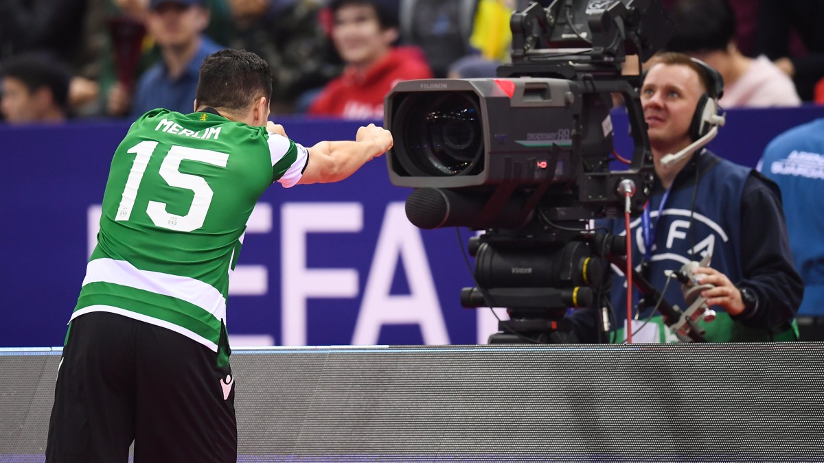 ALMATY, KAZAKHSTAN - APRIL 28: Alex Merlim of Sporting CP celebrates after scoring his side's second goal during to the UEFA Futsal Champions League 2018/19 Final match between Sporting CP and Kairat Almaty at Almaty Arena on April 28, 2019 in Almaty, Kazakhstan. (Photo by Stephen McCarthy - UEFA/UEFA via Sportsfile)