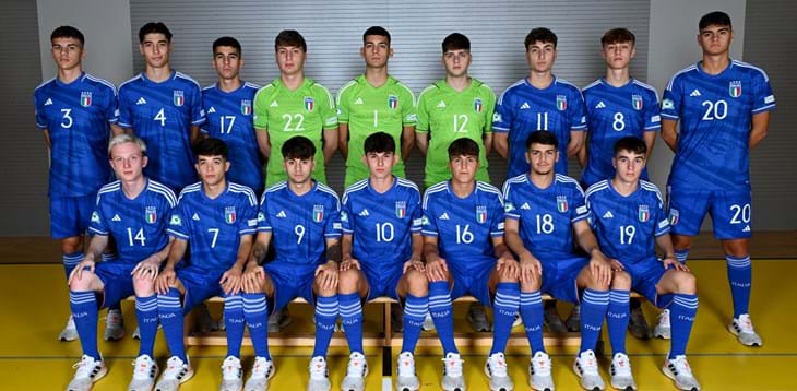 Pore, Croatia - August 31: The Italy squad during a Italy portrait session in the Hotel Valamar Diamant at the UEFA Under-19 Futsal EURO 2023 on 31 August 2023 in Pore, Croatia. (Photo by Piaras Ó Mídheach - Sportsfile/UEFA via Getty Images)