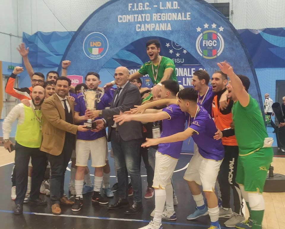 La gioia del Marcianise Futsal Academy, vincitore della Coppa Campania 2023-24