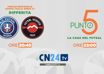 Doppio appuntamento su CalcioNapoli24 TV (ch. 79 dtt): alle 20.45 la differita di Barra-Vesuvio, alle 23 Punto 5 la Casa del Futsal