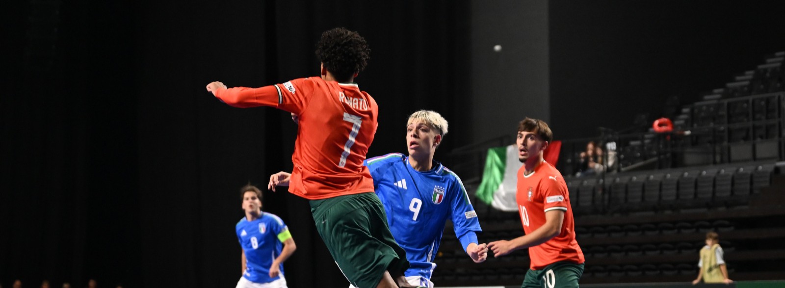 CHISINAU, MOLDOVA - SEPTEMBER 28: Renato Fernandes Almeida of Portugal jumps for a header as Enrico Alves Rodrigues of Italy tackles during the UEFA Under-19 Futsal Euro 2025 match between Portugal and Italy at Chisinau Arena on September 28, 2025 in Chisinau, Moldova. (Photo by Tullio Puglia - UEFA/UEFA via Getty Images)